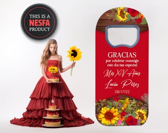 Spanish Quinceanera Favors with Sunflowers, Custom Fridge Magnet Favors for Quince Años and Sweet Sixteen