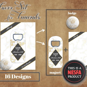 Épinglettes de deuil avec ouvre-portes magnétiques et cartes en papier pour les funérailles • Cadeaux en souvenir • Coffret cadeau Célébration de la vie
