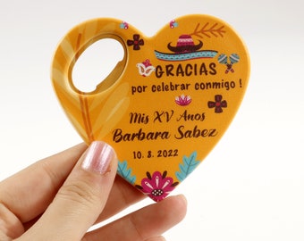 Spanish Quinceañera Favors, Personalized Heart Magnet Cap Opener Favors for Quince Años Party