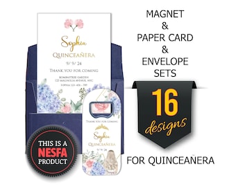 Floral Butterfly Quinceañera Party Invitation Set - Envelope, Card, and Magnet