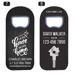 May include: Two black rectangular bottle openers with rounded tops. The left opener features white text reading LESS HOUSE MORE HOME, three small red hearts, and contact details for Charles Brown. The right opener displays KENSEYHOMES.COM, David Walker, a phone number, and a silver house key icon.
