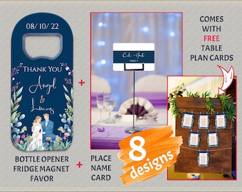 WEDDING FAVOR SET, Bottle Opener Fridge Magnet Favor and Place Name Card, Comes with Free Table Plan Cards, All with The Same Design Theme