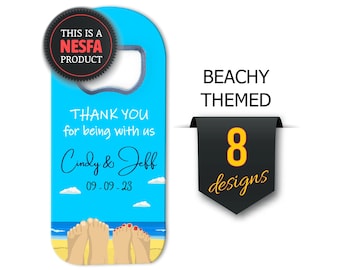 Custom Coastal Bottle Opener Magnets - Tropical Seashore Save the Date Favors for Beach Weddings Bulk
