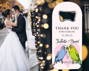 Customizable Wedding Cap Opener Magnet Favors with Parrots, Personalized Wedding Thank You Bottle Opener Favors