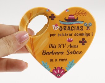 Spanish Quinceañera Favors, Personalized Heart Magnet Cap Opener Favors for Quince Años Party