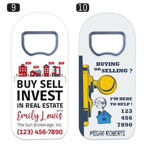 May include: Two white bottle openers with real estate branding. The left opener features red house icons and the text BUY SELL INVEST IN REAL ESTATE WITH Emily Lewis The Sun Brokerage, Inc. (123) 456-7890. The right shows a yellow door knob and house key.