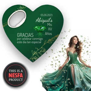 Custom Emerald Green Heart Bottle Opener Magnet: Quinceañera Party Favors