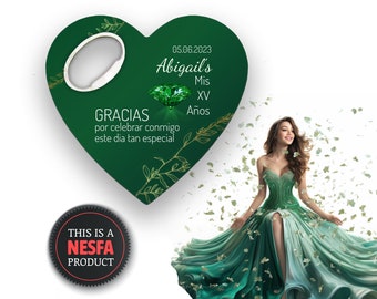 Quinceañera Party Favors for Guests in Bulk, Custom Emerald Green Bottle Opener Heart Magnet Gifts for Sweet 16 Party