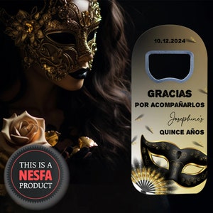 Quince Favors, Venetian Mask Themed Custom Bottle Openers, Quinceañera and 16th Birthday Gifts image 1