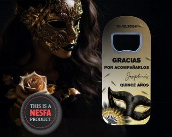 Quince Favors,  Venetian Mask Themed Custom Bottle Openers, Quinceañera and 16th Birthday Gifts