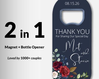 Personalized Wedding Favor Bottle Opener Magnet: Custom Names & Date