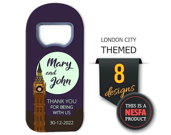 London Wedding Favours for Guests in Bulk, Custom Bottle Opener Fridge Magnet Save the Date Gifts