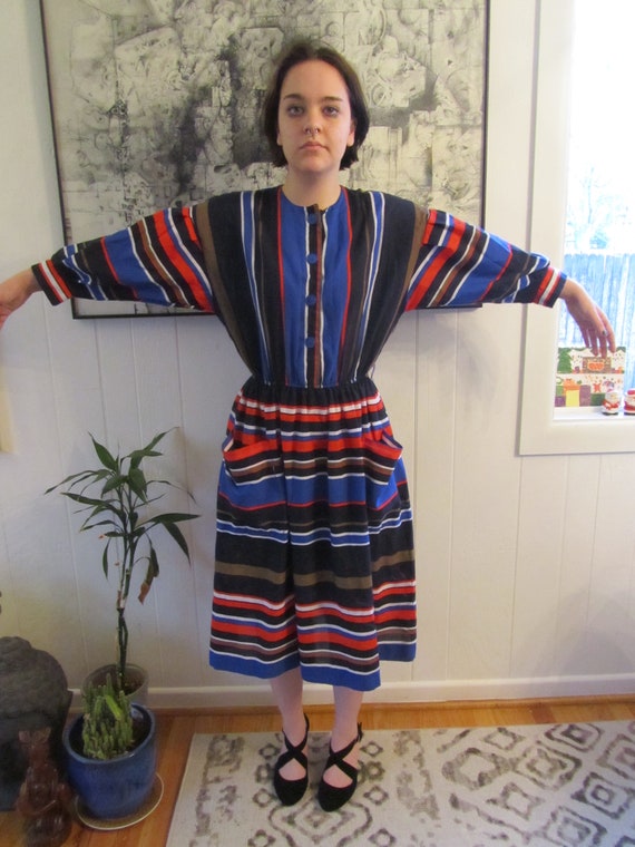 Bold Vintage Striped Multi-Colored Peasant Dress … - image 1