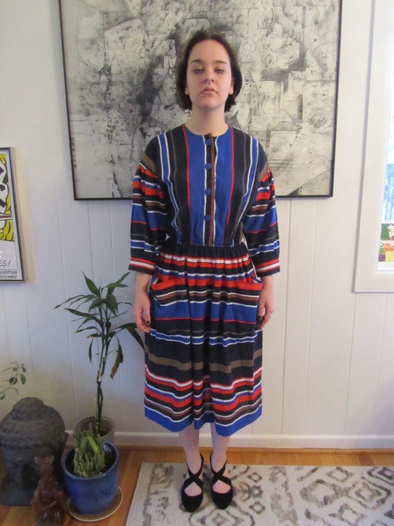 Bold Vintage Striped Multi-Colored Peasant Dress … - image 8