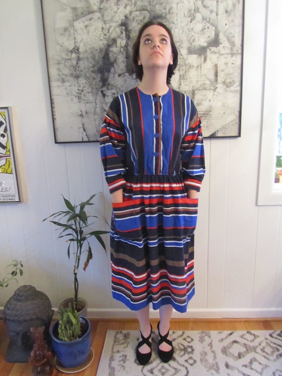 Bold Vintage Striped Multi-Colored Peasant Dress … - image 2