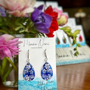 Blue Hibiscus Sterling Silver Earrings,  Hawaii Gift, Handmade