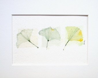 Original Aquarell GINGKO auf 310mg Hahnemühle-Papier, mit Passepartout