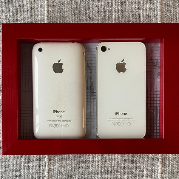 iPhone Mural Mini Timeline Display (2009-2011) - 3GS and 4S - Two Real Framed Phones in a Red Metallic Shadowbox