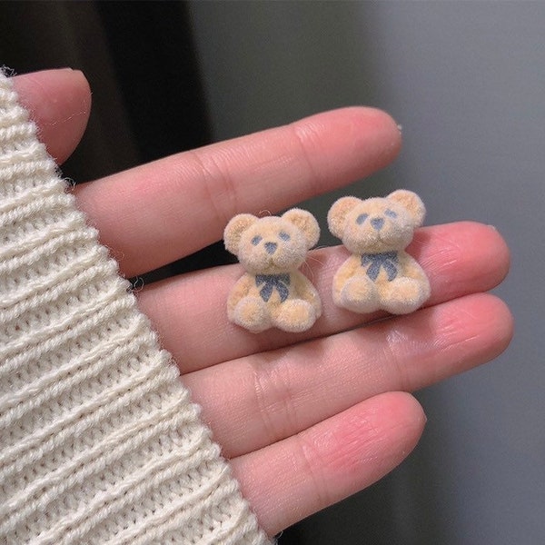 Furry miniature tiny teddy bear earring studs, creative and cute mini animal earring designs