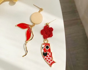 Asymmetrical koi fish earrings, asian earrings - fun and creative earrings, korean earrings, japanese earrings, fish earrings