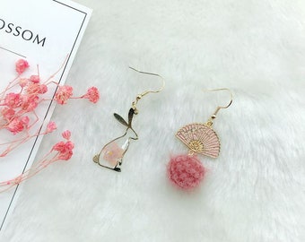 Asymmetrical creative Sakura bunny and fan earring, asian earring, korean earring, japanese earring, oriental earring, fish earring