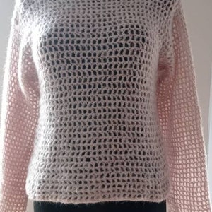 Openwork sweater, pullover, crochet, wool, mohair, handwork, powder pink, S/M