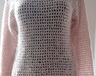 Opengewerkte trui, trui, haakwerk, wol, mohair, handwerk, poederroze, S/M