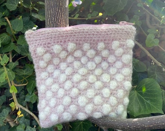 Vierkante make-uptas voor dames, handgemaakt gehaakt, roze en wit mohair klein tasje
