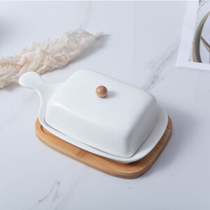 White Ceramic Butter Dish with Handle Lid and Bamboo Butter Serving Tray, Butter Storage Containers Dishwasher Safe