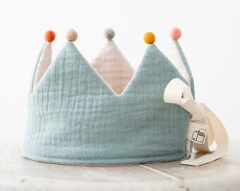 Couronne en tissu menthe, Couronne en tissu beige pour bébés, Couronne en coton bio, Couronne pour enfants, Couronne en coton Gots, Cadeau d&#39;anniversaire, Couronne de costume