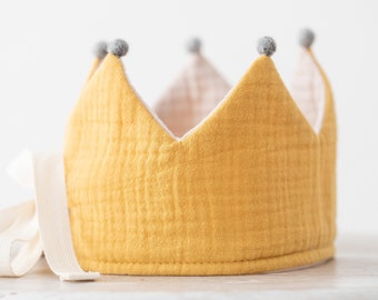 Couronne en tissu moutarde, couronne en tissu moutarde et beige pour bébés, couronne en coton bio, couronne pour enfants, couronne en coton Gots, couronne d&#39;anniversaire
