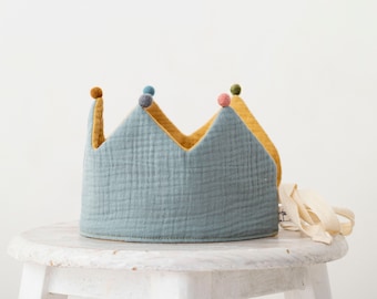 Couronne en tissu moutarde, Couronne en tissu menthe pour bébés, Couronne en coton bio, Couronne pour enfants, Couronne en coton Gots, Cadeau d'anniversaire, Couronne de costume