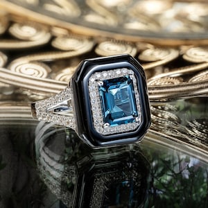 925 Sterling Silver London Blue Topaz Emerald Cut with Black Onyx Frame Art Deco Ring in Rhodium Plating | December Birthstone