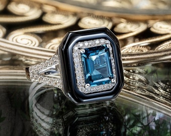 Emerald Cut London Blue Topaz Cocktail Ring with Black Onyx Frame and White Zircon Accents on a Sterling Silver Band | Anniversary Gift