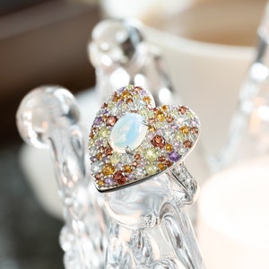 Heart Shaped Cocktail Ring with Ethiopian Opal Center and Amethyst, Garnet, Citrine, Peridot, and Sky Blue Topaz Cluster-Set on 925 Sterling