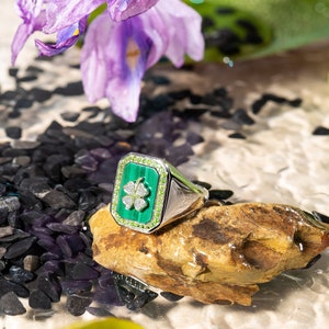 4 Leaf Clover Center Emerald-Cut Malachite Frame w/ Halo-Set Chrome Diopside & White Zircon Signet Ring 14k Gold Plated on Sterling Silver