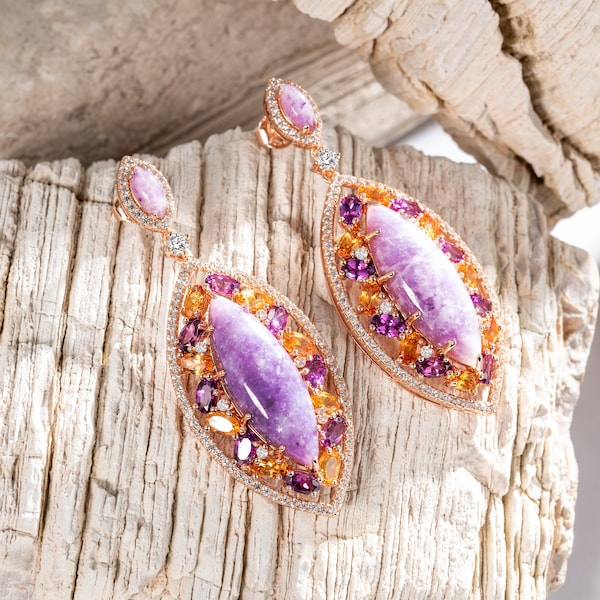 Kunzite Cabochon Marquise-Cut Center Stone with Alternating Oval-Cut Grape Garnet and Spessartite 14K Rose Gold Plated 925 Silver Earrings