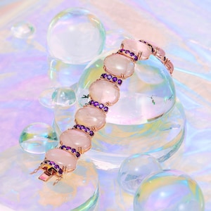 Pink Rose Quartz with African Amethyst Statement Bracelet in Sterling Silver with Rose Gold Plating