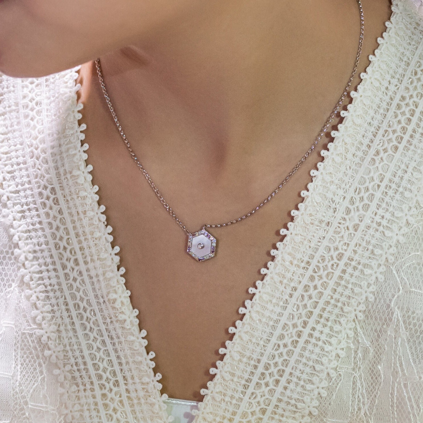 Hexagon White Mother of Pearl W/ Round White Zircon Center