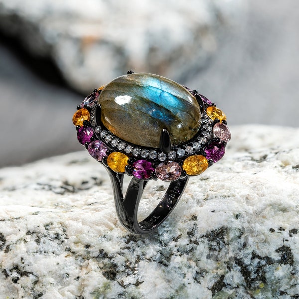 Labradorite, Grape Garnet, and Spessartite Gemstone Floral Style, Cocktail, Statement, Designer Ring on Black Rhodium Plated Sterling Silver