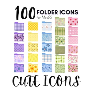 May include: A collection of 100 colorful folder icons for MacOS, featuring various patterns and designs. The folders are decorated with floral, plaid, and abstract patterns in shades of purple, yellow, blue, and pink. The words "100 Folder Icons for MacOS" and "cute icons" are written in black.
