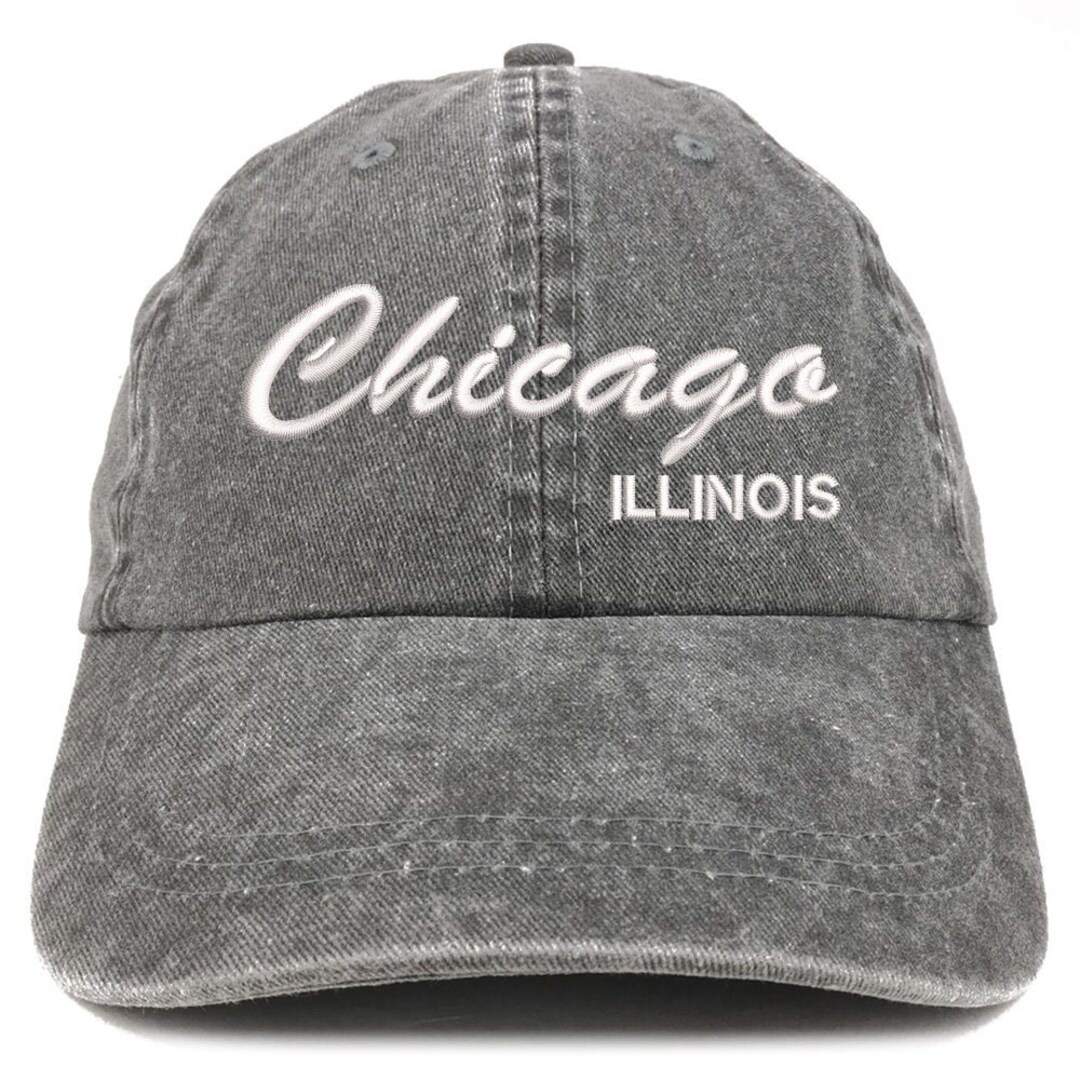 Chicago in script embroidery on light blue Hat Cap 100% polyester, OSFM  Adj. EUC