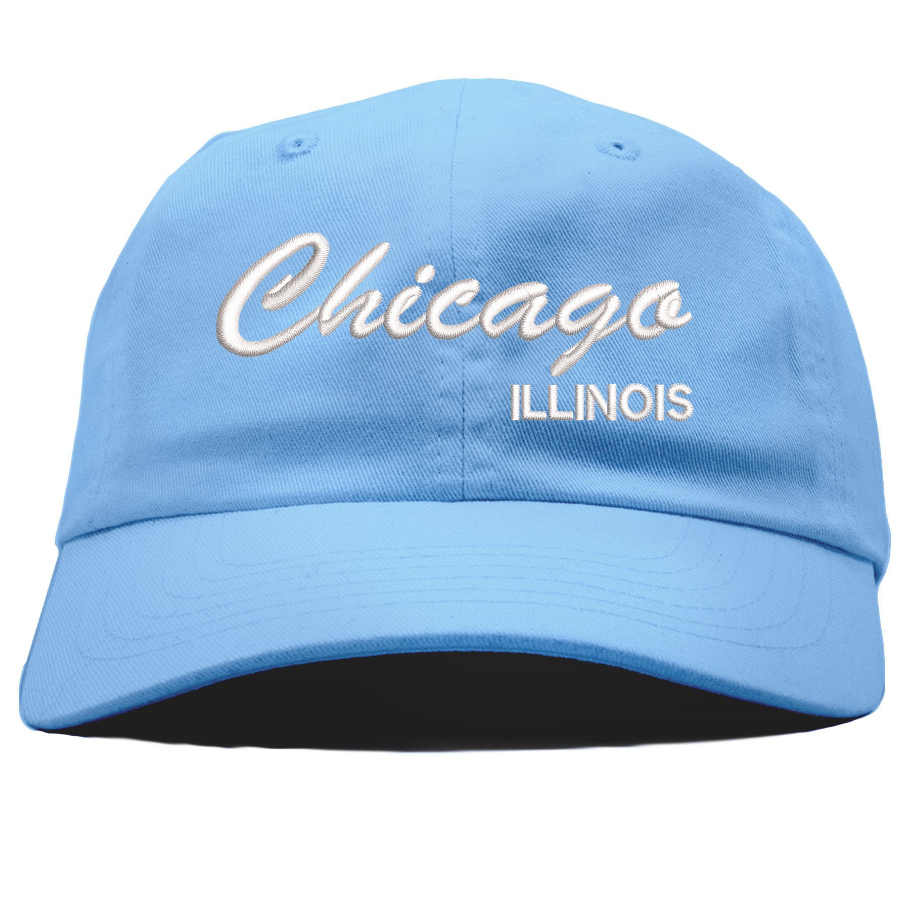 Chicago in script embroidery on light blue Hat Cap 100% polyester, OSFM  Adj. EUC