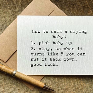 new parents gift / funny baby shower card / how to calm a crying baby / baby shower gift basket / parenting jokes / new mom care package image 1