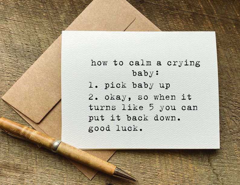 new parents gift / funny baby shower card / how to calm a crying baby / baby shower gift basket / parenting jokes / new mom care package image 1