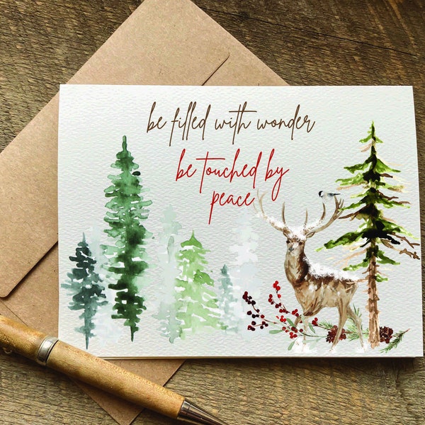 pretty christmas card / be filled with wonder be touched by peace / cabin in the woods / christmas card pack / nature lover / card set