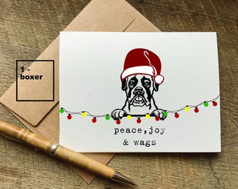 peace, joy and wags / dog christmas card / boxer / border collie / beagle / pitbull / australian shepherd / christmas card from dog