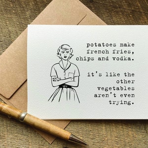 funny greeting card / potatoes make french fries, chips and vodka / birthday card for her funny / alcohol gift basket idea