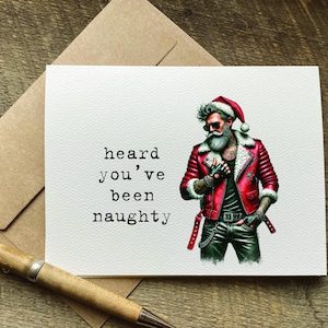 heard you&#39;ve been naughty / funny christmas card for women / unique adult holiday card / sexy tattooed bearded santa / unique card for wife
