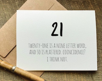 Carte de 21 ans / vingt et un est un mot de neuf lettres, comme le plâtre / carte d'anniversaire amusante / cadeau de 21 ans